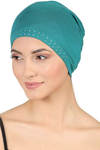 31AGhAXrMSL.jpg Deresina Gorro de bambú con Frontal Adornado con Brillantes para quimio Teal