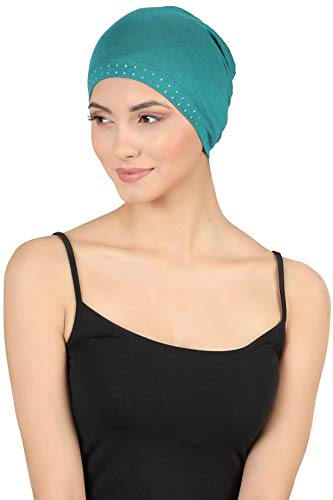 31PXnknSIFL.jpg Deresina Gorro de bambú con Frontal Adornado con Brillantes para quimio Teal