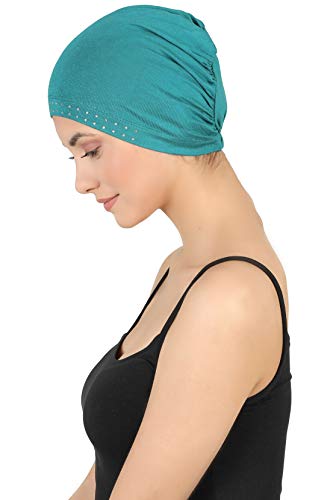 31Ubtg2Blj6L.jpg Deresina Gorro de bambú con Frontal Adornado con Brillantes para quimio Teal