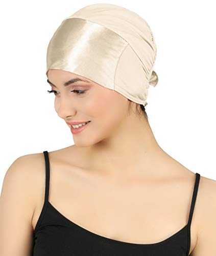 31ajBJ2qhgL.jpg Deresina Gorrito Basico de Viscosa Frente de satén anudable por detrás para pérdida de Cabello Gorros oncológicos Beige