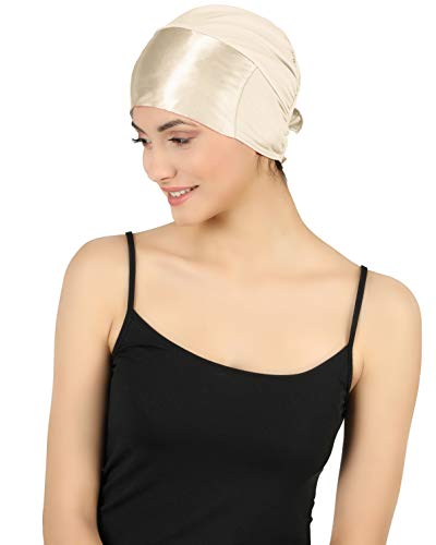 31b3csGM7xL.jpg Deresina Gorrito Basico de Viscosa Frente de satén anudable por detrás para pérdida de Cabello Gorros oncológicos Beige