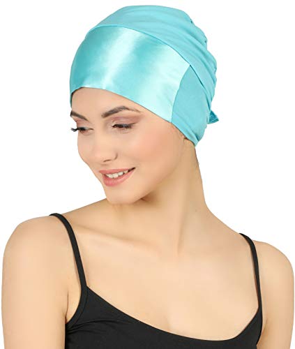 31nWxtYOT5L.jpg Deresina Gorrito Basico de Viscosa Frente de satén anudable por detrás para pérdida de Cabello Gorros oncológicos Maya Blue
