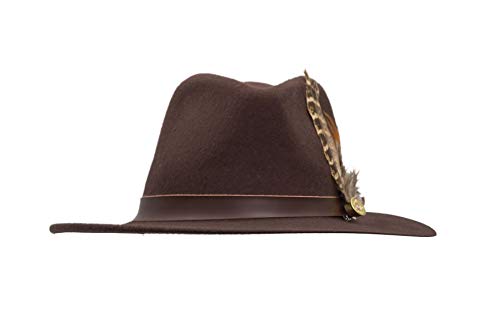 31naFk5jHBL.jpg Walker and Hawkes Hanbury Fedora Unisex de Fieltro con Cinta de Cuero y Broche de latón con Plumas Plegable Marrón