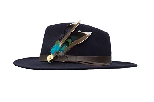 31s6gVR9fzL.jpg Walker and Hawkes Hanbury Fedora Unisex de Fieltro con Cinta de Cuero y Broche de latón con Plumas Plegable Azul marino