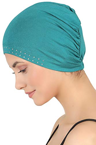 41-2ByfYfiDL.jpg Deresina Gorro de bambú con Frontal Adornado con Brillantes para quimio Teal