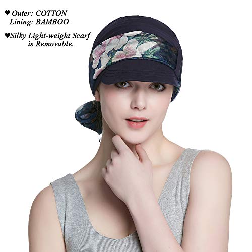 41-2ZCCLjmL.jpg Alnorm Conjunto de Bufanda y Sombrero de Vendedor de periódicos de Fibra de bambú Transpirable para Mujer Flor de durazno azul marino
