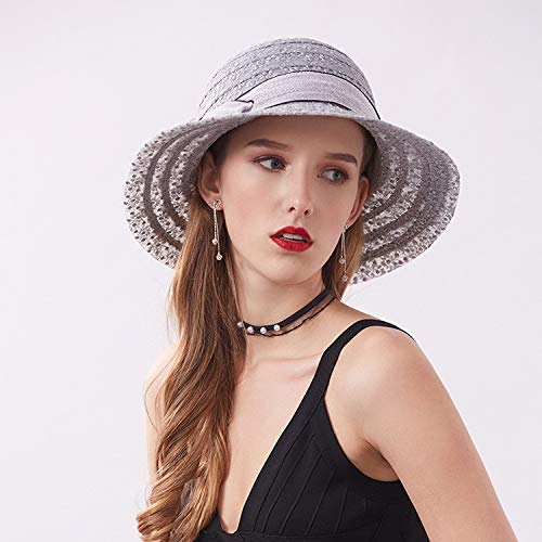 410YVosRGYL.jpg Elegante Señoras Panama Sombrero Verano Doble Cara Plegable Ajustable con Flor Banda Playa Sol Screen Sombrero Flor Impresión Fiesta Boda Sombrero Flexible Plegable Encaje Playa Sombrero Gris