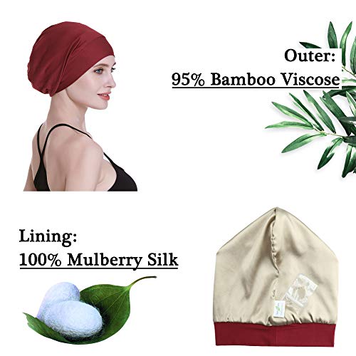 413qRCQtksL.jpg Gorro de seda con forro de satén interior de 19 mm 100% seda de morera exterior de bambú y viscosa natural transpirable para el cabello tela elástico.