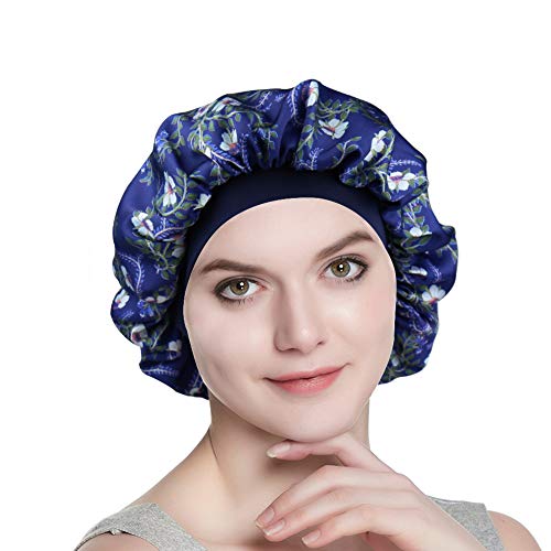 4142wEyLQ0L.jpg Alnorm Gorra Durmiente con Estilo de Las Mujeres Capo de satén Sedoso de Doble Capa Azul marino floral
