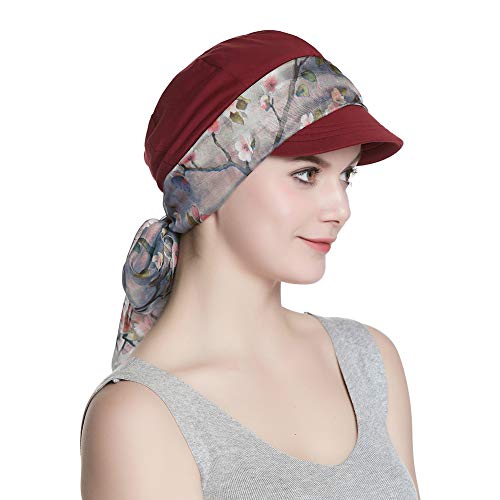 4147ZynuBZL.jpg Alnorm Conjunto de Bufanda y Sombrero de Vendedor de periódicos de Fibra de bambú Transpirable para Mujer Flor de ciruelo de borgoña