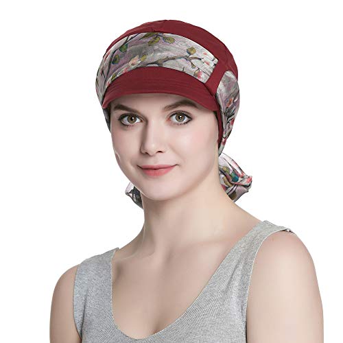 419bj2NaKyL.jpg Alnorm Conjunto de Bufanda y Sombrero de Vendedor de periódicos de Fibra de bambú Transpirable para Mujer Flor de ciruelo de borgoña