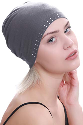 419mvxE5pDL.jpg Deresina Gorro de bambú con Frontal Adornado con Brillantes para quimio Gris oscuro