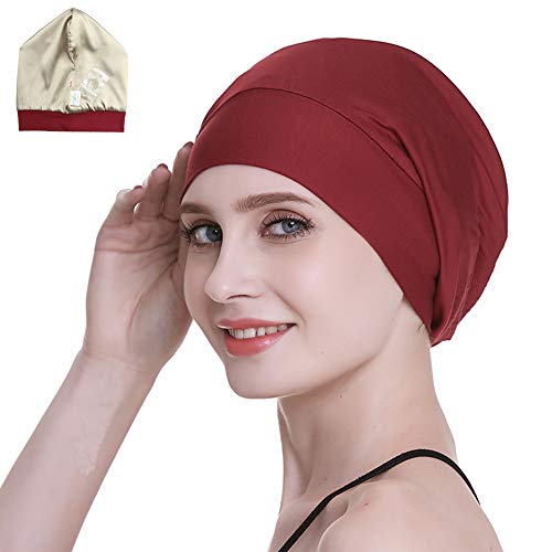 41AVcp0iuyL.jpg Gorro de seda con forro de satén interior de 19 mm 100% seda de morera exterior de bambú y viscosa natural transpirable para el cabello tela elástico.
