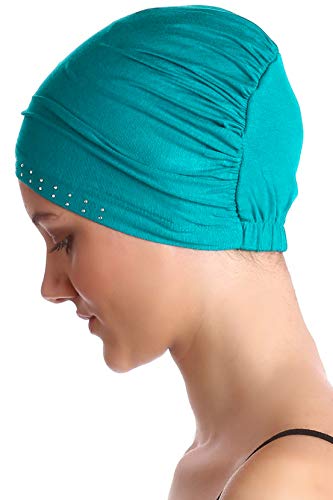 41CA7spwVFL.jpg Deresina Gorro de bambú con Frontal Adornado con Brillantes para quimio Teal