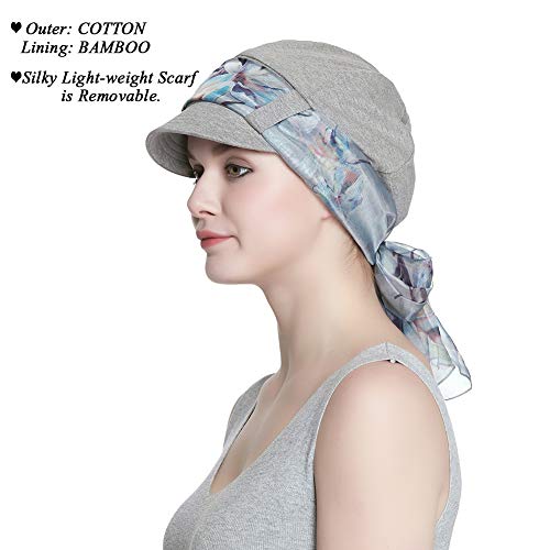 41EdiQkQ2GL.jpg Alnorm Conjunto de Bufanda y Sombrero de Vendedor de periódicos de Fibra de bambú Transpirable para Mujer Gris claro floral