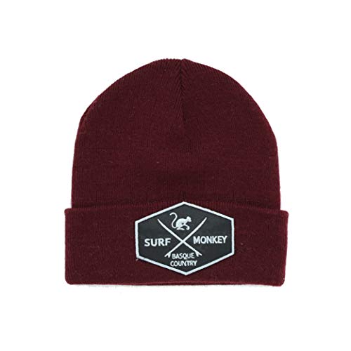 41Fu72BviDCL.jpg Surf Monkey Beanie Gorro de Punto Unisex Adulto - Talla única - Gorro Invierno - Parche Bordado - Diseño en Punto canalé Granate