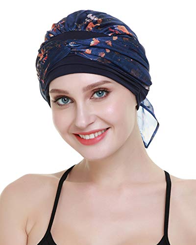 41HT29re6zL.jpg FocusCare La quimioterapia para cancer turbante mujeres Cómodo tejido de bambu Headwear Navy yellow flower
