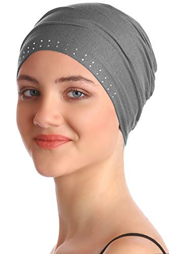 41Hau36b8UL.jpg Deresina Gorro de bambú con Frontal Adornado con Brillantes para quimio Gris oscuro