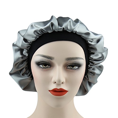 41ITxvPVZsL.jpg Alnorm Gorra Durmiente con Estilo de Las Mujeres Capo de satén Sedoso de Doble Capa Floral azul