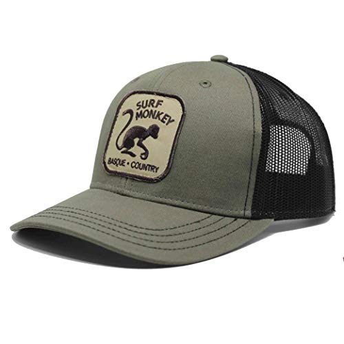 41JytAwBecL.jpg Surf Monkey Gorra Tipo Trucker - Visera Curvada - Gorra Ajustable Snapback - Parche Bordado Surf Monkey - Diseño de 5 Paneles 24 48h - Surfing The Basque Country Oliva Negro