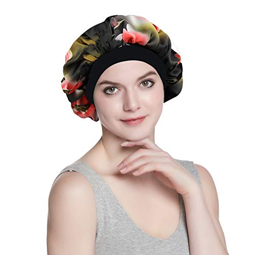 41KLM2ljwAL.jpg Alnorm Gorra Durmiente con Estilo de Las Mujeres Capo de satén Sedoso de Doble Capa Rojo floral
