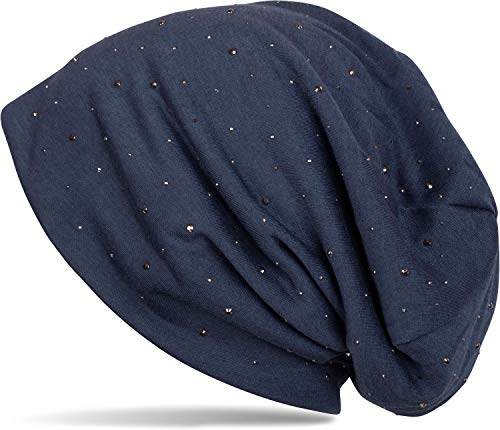 41LJYdCEeNL.jpg styleBREAKER Gorro Beanie clásico con Elegantes Aplicaciones de Remaches de estrás Unisex 04024037 Azul Medianoche