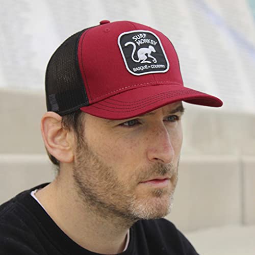 41LosazM0mS.jpg Surf Monkey Gorra Tipo Trucker - Visera Curvada - Gorra Ajustable Snapback - Parche Bordado Surf Monkey - Diseño de 5 Paneles 24 48h - Surfing The Basque Country Rojo Negro