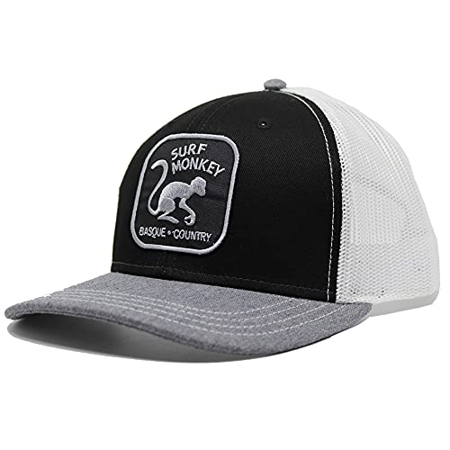 41ORFY2BaT9S.jpg Surf Monkey Gorra Tipo Trucker - Visera Curvada - Gorra Ajustable Snapback - Parche Bordado Surf Monkey - Diseño de 5 Paneles 24 48h - Surfing The Basque Country Negro Blanco