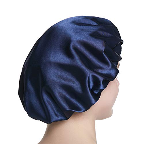 41TZUfsZQ5L.jpg Alnorm Gorra Durmiente con Estilo de Las Mujeres Capo de satén Sedoso de Doble Capa Azul marino floral