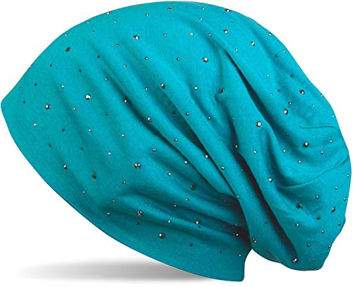 41TgKacltmL.jpg styleBREAKER Gorro Beanie clásico con Elegantes Aplicaciones de Remaches de estrás Unisex 04024037 Turquesa