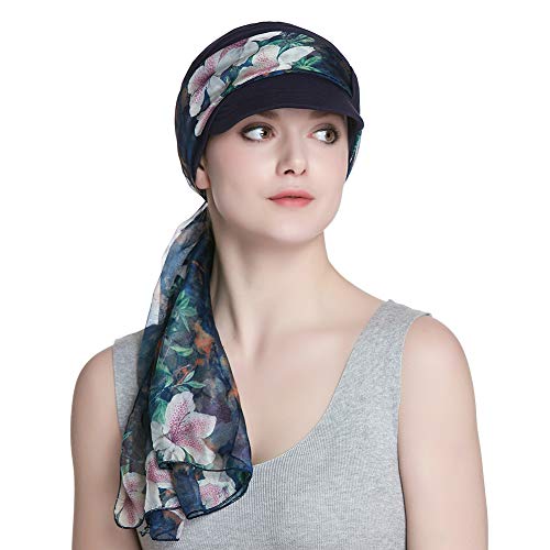 41Vuh2jP3qL.jpg Alnorm Conjunto de Bufanda y Sombrero de Vendedor de periódicos de Fibra de bambú Transpirable para Mujer Flor de durazno azul marino