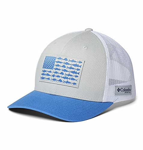 41ZP4jcL4ZS.jpg Columbia Unisex PFG Gorra de bola de malla a presión con bandera de pescado Gris Blanco Azul