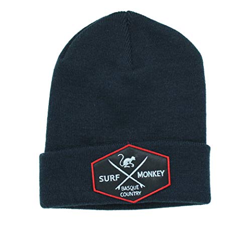 41hbn96jYFL.jpg Surf Monkey Beanie Gorro de Punto Unisex Adulto - Talla única - Gorro Invierno - Parche Bordado - Diseño en Punto canalé Azul marino