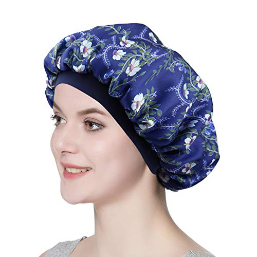 41jWOm21iKL.jpg Alnorm Gorra Durmiente con Estilo de Las Mujeres Capo de satén Sedoso de Doble Capa Azul marino floral