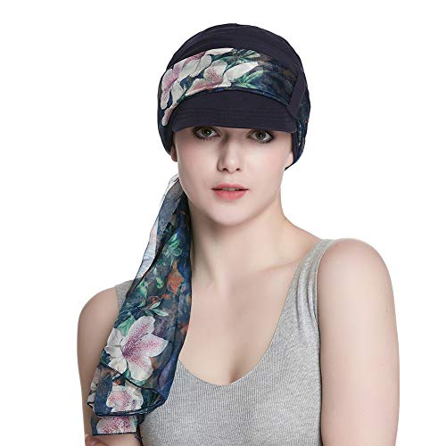 41nsnJk3-pL.jpg Alnorm Conjunto de Bufanda y Sombrero de Vendedor de periódicos de Fibra de bambú Transpirable para Mujer Flor de durazno azul marino