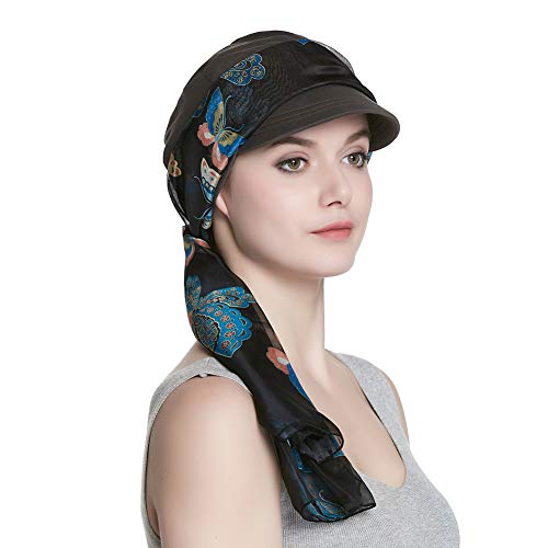 41oZWW42B1XL.jpg Alnorm Conjunto de Bufanda y Sombrero de Vendedor de periódicos de Fibra de bambú Transpirable para Mujer Mariposas grises