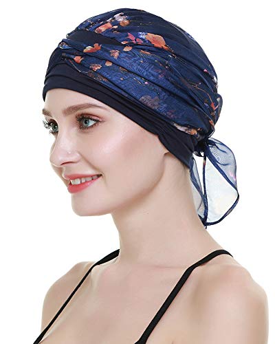 41uOvT-XUGL.jpg FocusCare La quimioterapia para cancer turbante mujeres Cómodo tejido de bambu Headwear Navy yellow flower