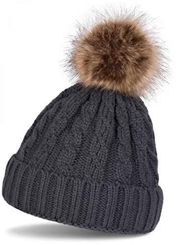 5174zVxhYrL.jpg styleBREAKER Gorro con pompón con Motivo Trenzado Gorro de Punto con pompón de Piel Gorro Beanie de Invierno Unisex 04024064 Gris oscuro