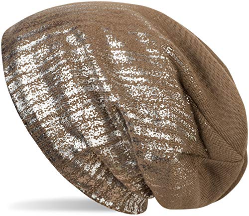 51D1tXSVLTL.jpg styleBREAKER cálido Gorro Beanie de Punto Fino con Estampado metálico y Relleno Interior Polar Slouch Beanie Largo Unisex 04024132 Marrón / plata