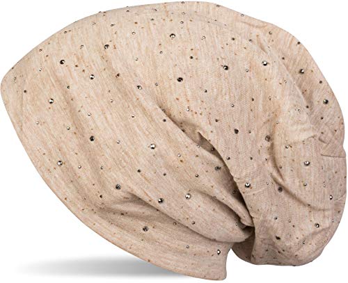 51DZ33Z02BXL.jpg styleBREAKER Gorro Beanie clásico con Elegantes Aplicaciones de Remaches de estrás Unisex 04024037 Beige jaspeado
