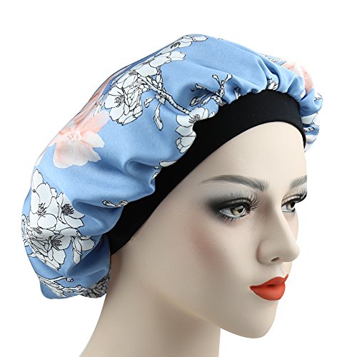 51E3qqO82PL.jpg Alnorm Gorra Durmiente con Estilo de Las Mujeres Capo de satén Sedoso de Doble Capa Floral azul