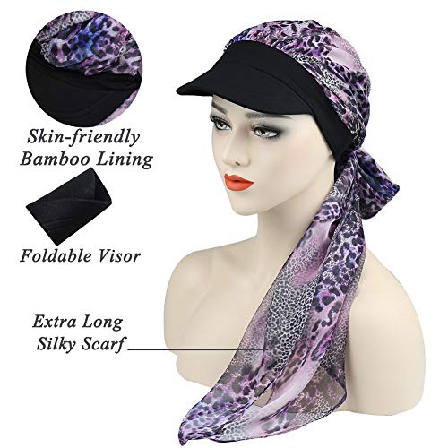 51JG3e5Fs4L.jpg Alnorm Gorro de bambú orgánico con Bufanda Regalos Chemo para Mujeres Leopardo morado