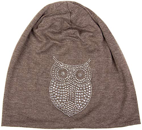 51O-lBHJfcL.jpg styleBREAKER Gorro Beanie clásico con búho con Aplicaciones de estrás Mujeres 04024039 Marrón jaspeado