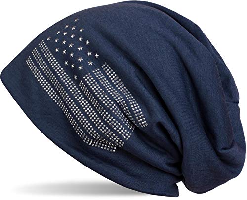 51OtqQdF76L.jpg styleBREAKER Gorro Beanie Elegante en diseño con la Bandera de EE.UU. y Remaches de estrás Unisex 04024042 Azul medianoche / Azul Oscuro