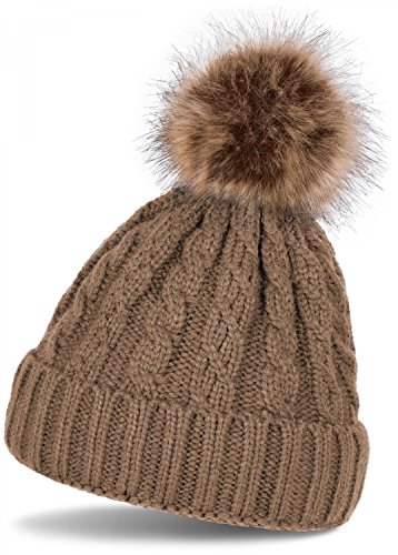 51QyXur5m2L.jpg styleBREAKER Gorro con pompón con Motivo Trenzado Gorro de Punto con pompón de Piel Gorro Beanie de Invierno Unisex 04024064 Marrón