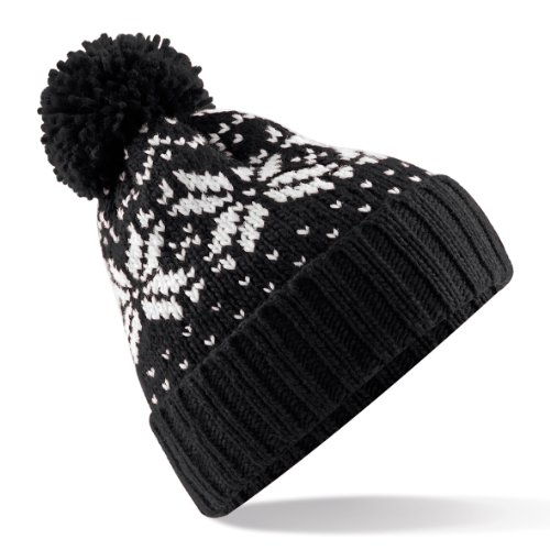 51TPsL-9ftL.jpg Beechfield - Gorro de punto con diseño Fair Isle con pompón unisex Negro Blanco