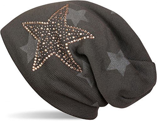 51TWS-OFH5L.jpg styleBREAKER Gorro Beanie de Punto cálido con Motivo de Estrellas Estrellas de Strass y Relleno Interior Muy Suave Unisex 04024084 Gris oscuro