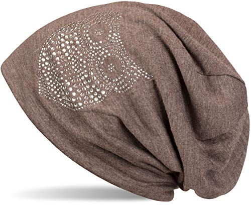 51WRG5amxJL.jpg styleBREAKER Gorro Beanie clásico con búho con Aplicaciones de estrás Mujeres 04024039 Marrón jaspeado