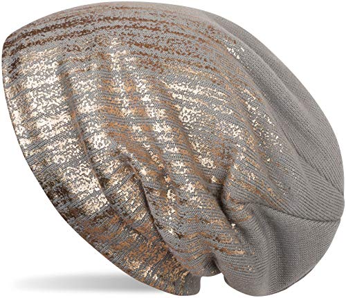 51X5KN5496L.jpg styleBREAKER cálido Gorro Beanie de Punto Fino con Estampado metálico y Relleno Interior Polar Slouch Beanie Largo Unisex 04024132 Gris claro / oro rosa