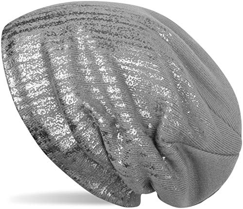 51Y-MYnwZML.jpg styleBREAKER cálido Gorro Beanie de Punto Fino con Estampado metálico y Relleno Interior Polar Slouch Beanie Largo Unisex 04024132 Gris claro / plateado